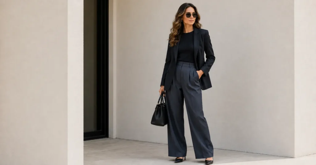 Silk trouser outfit ideas featuring a professional office look with a blazer and silk pants.