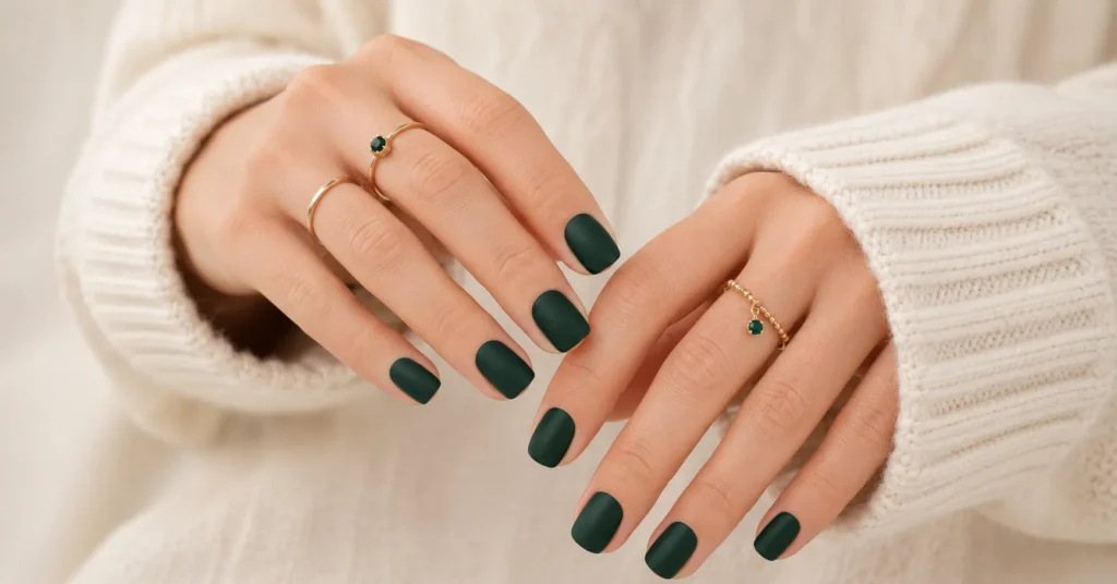 Dark winter nail colours with matte forest green nails for a sophisticated winter manicure.