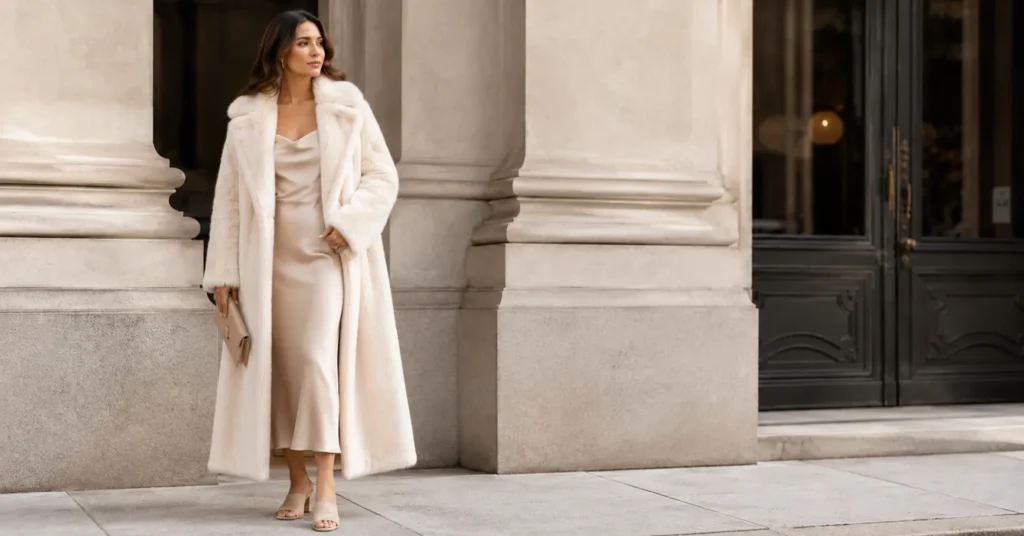 Evening faux fur coats outfit ideas with ivory faux fur coat and satin midi dress.