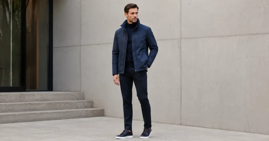 Funnel Neck Jacket: The Complete Style & Buying Guide 9 Men's funnel neck jacket commuter outfit with a navy technical funnel neck jacket and chinos.