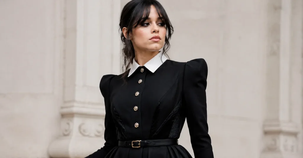 Jenna Ortega Outfits: The Complete Style Guide to Her Best Looks 7 Jenna Ortega outfits inspired by Wednesday fashion featuring a structured black dress and modern gothic elegance.