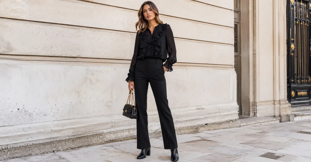 Ruffle Front Blouse Trend: How to Style It in 2026 6 Black ruffle front blouse date night outfit with tailored trousers and elegant styling.