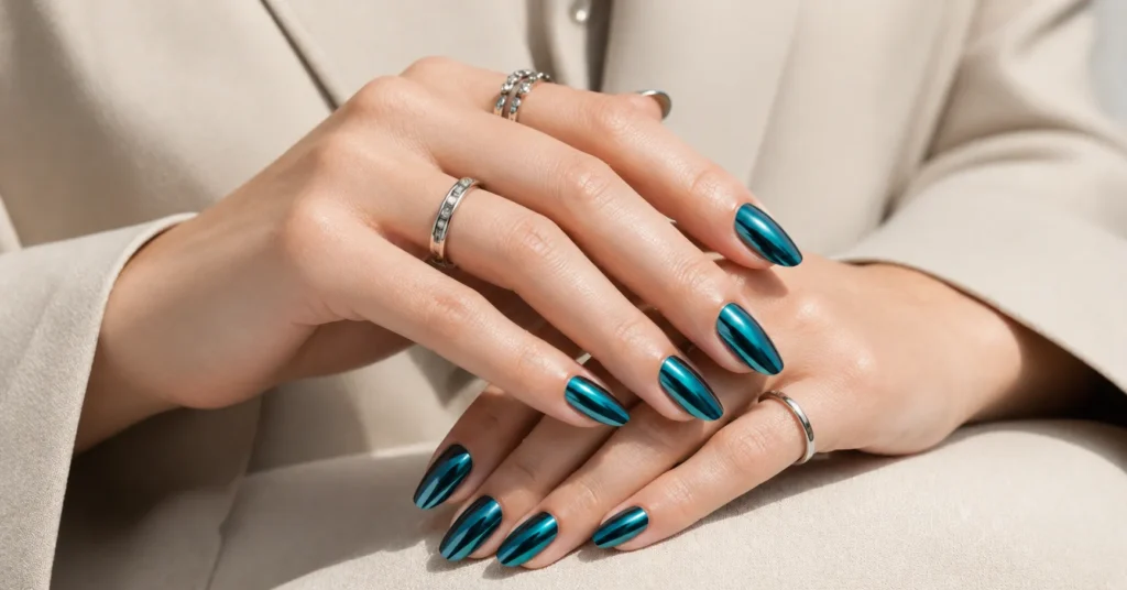 Teal Nail Trends 2026 showing teal chrome nails with a reflective almond manicure design.