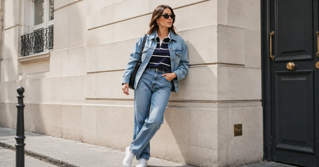 Rugby Shirts Jeans Trend: How to Style It in everytime 6 Spring rugby shirts jeans trend outfit with denim jacket and striped rugby shirt.