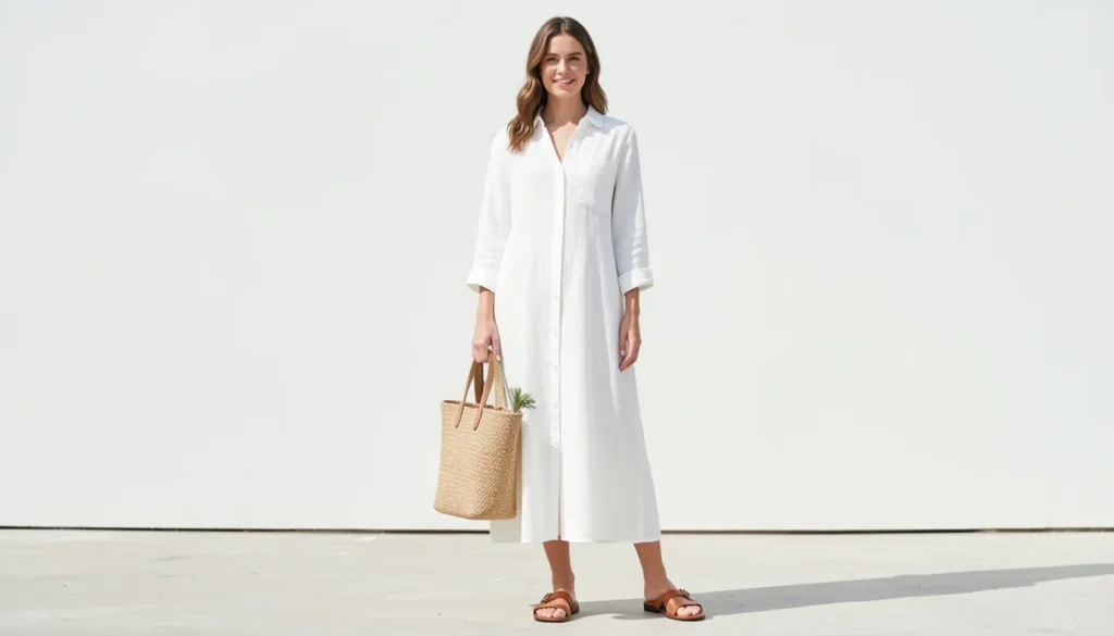 Shirt Dresses for Women: The Complete Style Guide 5 Shirt dresses for women featuring a white linen maxi shirt dress for summer.