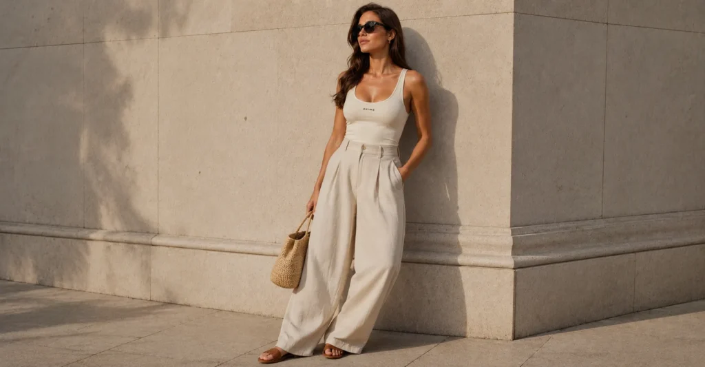 SKIMS tank top paired with linen trousers for a summer minimalist outfit.