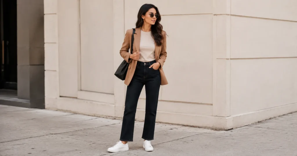 Stovepipe Jeans Outfit Ideas: How to Style Them in this year 5 Street style stovepipe jeans outfit ideas with blazer and white sneakers.