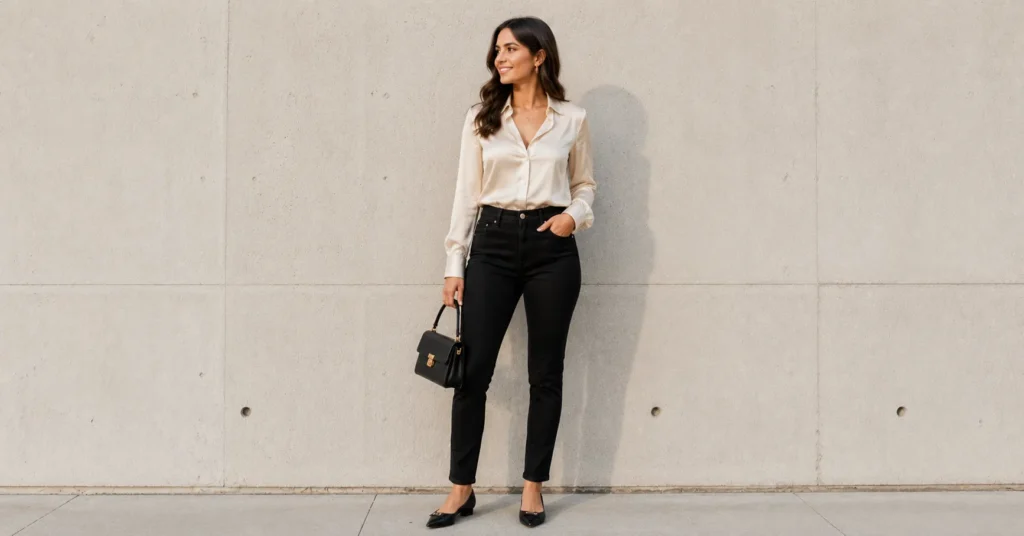 Teddy Swims Concert Outfit Ideas: What to Wear to the Show 6 Teddy Swims concert outfit ideas with black jeans, satin blouse, and pointed-toe flats.