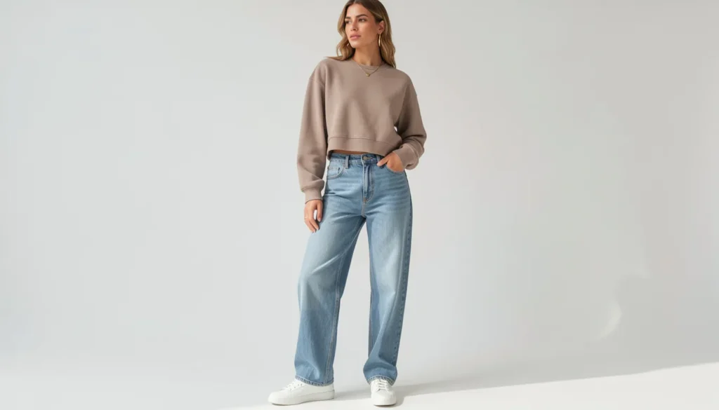 Trendy Sweatshirts Outfit Ideas: How to Style Them in this year 5 Trendy sweatshirts outfit ideas with cropped sweatshirt, high-waisted jeans, and clean sneakers.
