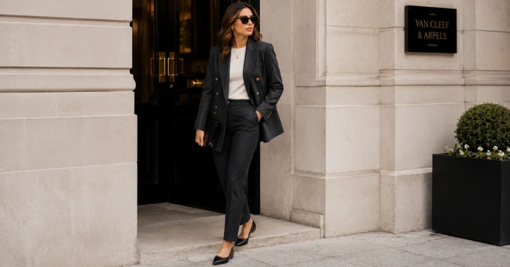 Wool Blazers for Women: The Complete Style & Buying Guide 3 Wool blazers for women styled with a double-breasted charcoal blazer and tailored trousers.