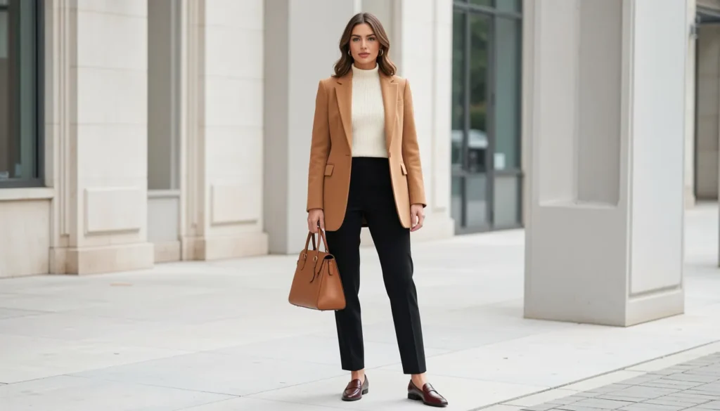 Business attire for women with camel blazer, cream knit top, black trousers, and loafers.
