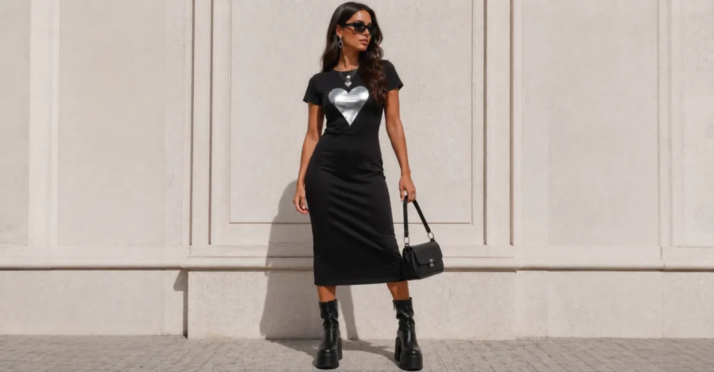 Chrome heart dress outfit with fitted black midi dress, platform boots, and silver jewelry.