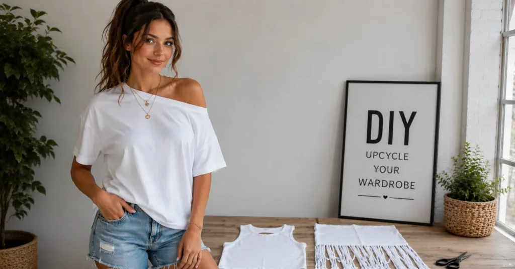 Cutting Shirts: The Guide to DIY Shirt Cutting Styles, Tips and Designs 6 Cutting shirts to create an off-shoulder t-shirt style with a trendy DIY fashion look.