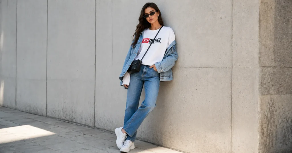 Diesel Outfit Ideas: How to Style Denim and Streetwear With Confidence 8 Diesel outfit ideas for casual daytime denim styling with jeans, tee, denim jacket, and sneakers.