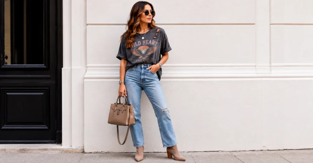 Distressed Shirt for Women: The Complete Guide to Edgy, Effortless Style 5 Distressed shirt for women featuring a graphic tee styled with jeans, ankle boots, and jewelry.