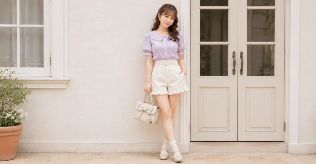 Casual himekaji outfits featuring a lavender puff-sleeve blouse and cream shorts.