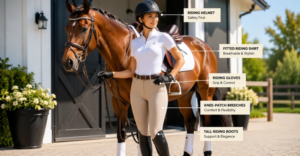 Horse Riding Outfit Essentials: What to Wear in the Saddle 4 Horse riding outfit featuring riding breeches and tall equestrian boots.