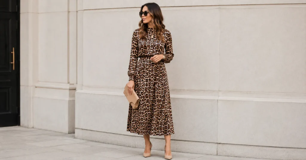 Leopard Print Outfit Ideas: How to Wear This Timeless Statement With Confidence 6 Leopard print outfit featuring an elegant leopard print midi dress.