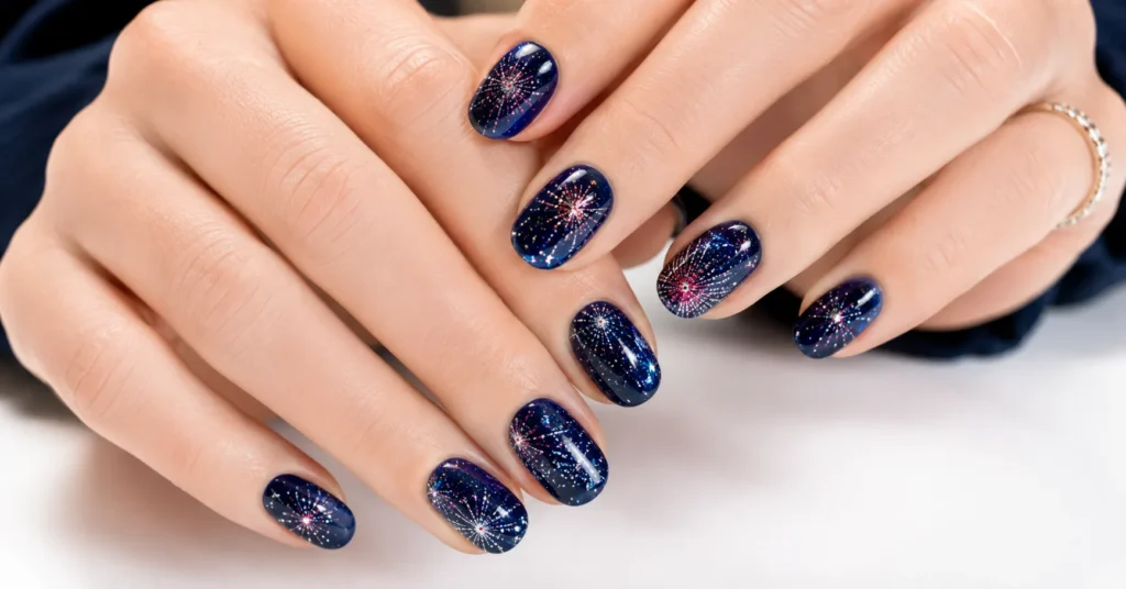 Firework nails with simple glitter spray details on a deep navy base for beginners.