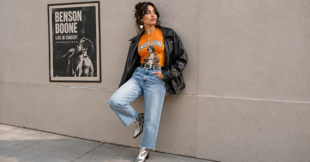 Benson Boone Concert Outfit Ideas: Looks to Match Every Vibe and Venue 5 Benson Boone concert outfit ideas with a bold top, vintage denim, faux-leather jacket, and statement boots.