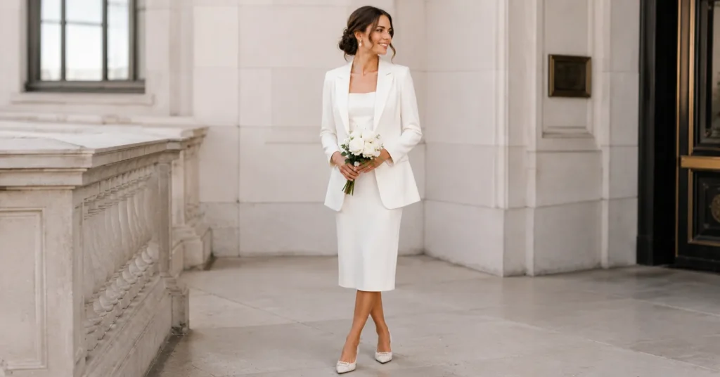 Elopement Dress Ideas: How to Find the Perfect Look for Your Intimate Wedding 3 Elopement dress ideas with a tailored ivory midi dress and blazer for a city hall wedding.