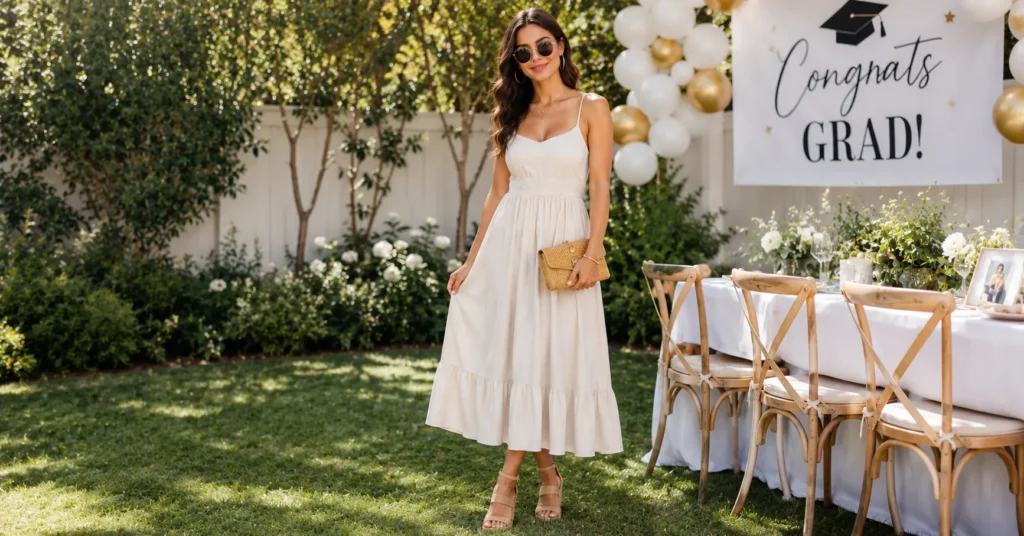 Grad Party Outfit Ideas: Stylish Looks for Every Graduation Celebration 5 Grad party outfit ideas with a linen sundress, wedges, sunglasses, and a woven bag for an outdoor celebration.