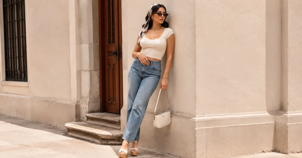 Kali Uchis outfit ideas with vintage jeans, fitted top, cat-eye sunglasses, and a silk headscarf.