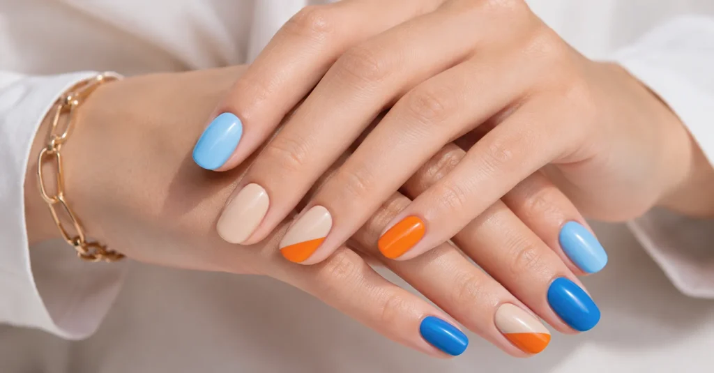 Multicolored manis palette perfection using complementary nail color combinations.