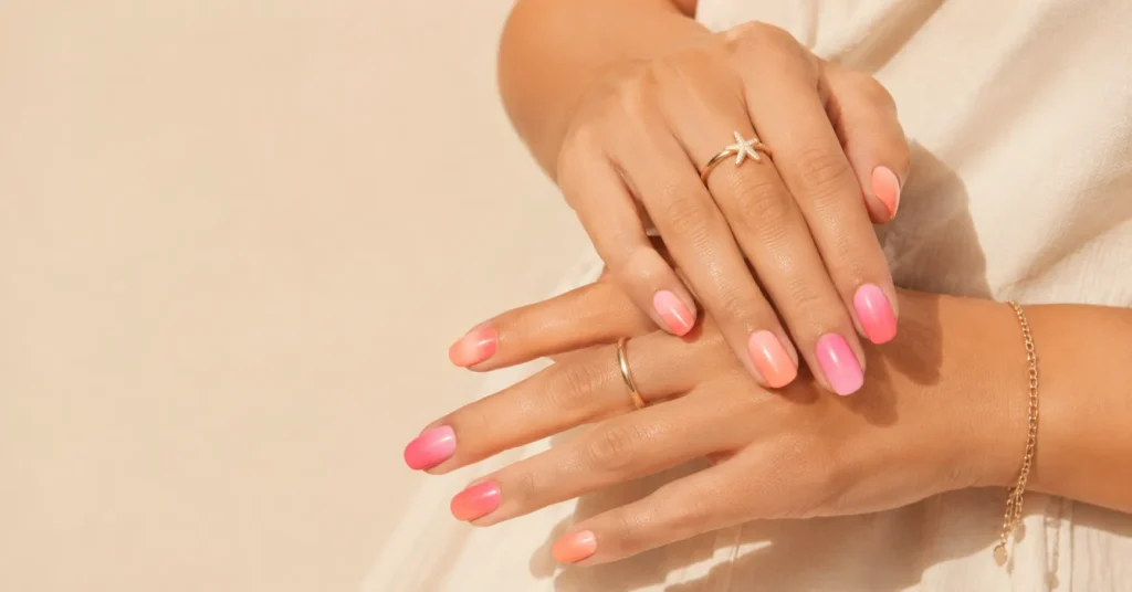 Nails for June: Fresh Summer Designs, Colors, and Ideas Worth Trying 7 Nails for June featuring coral and pink ombre nail designs with fresh summer manicure inspiration.