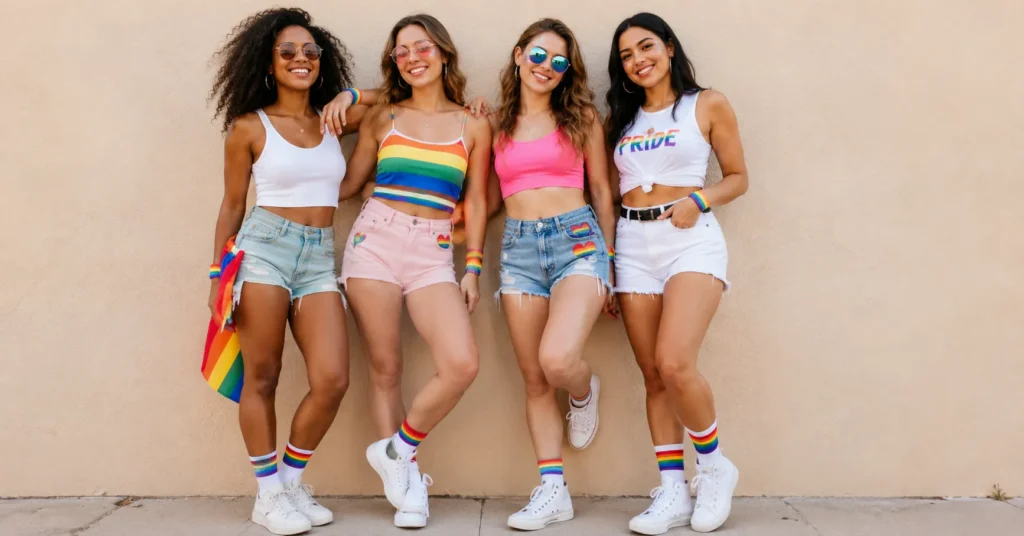 Pride outfits women featuring colorful parade fashion and trendy Pride Month outfit inspiration.