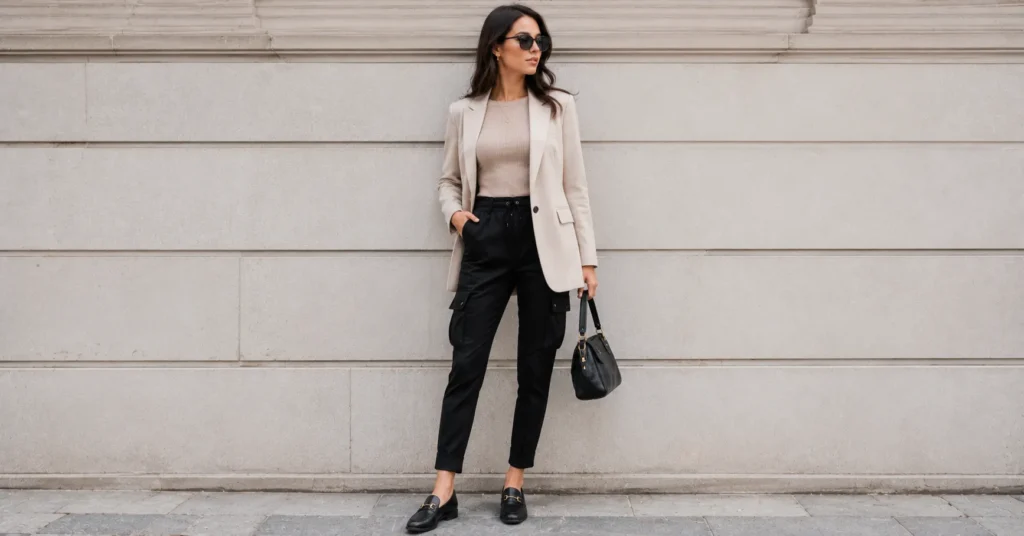 Black Cargo Pants Outfit Ideas: 30+ Stylish Looks for Every Occasion 6 Black cargo pants outfit ideas styled with a blazer for a chic smart-casual look.