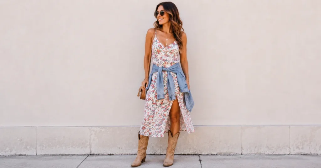 Nashville Outfit Ideas Summer: 30+ Stylish Looks for Broadway, Bachelorettes, and Beyond 4 Nashville outfit ideas summer for a country concert with a floral dress and boots.