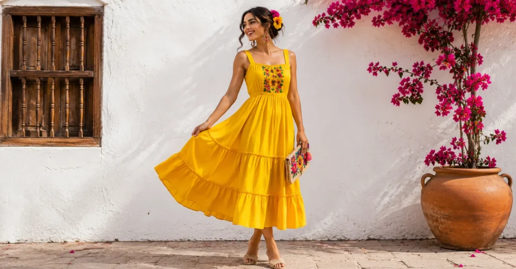 Fiesta party outfit ideas with a colorful yellow party dress.