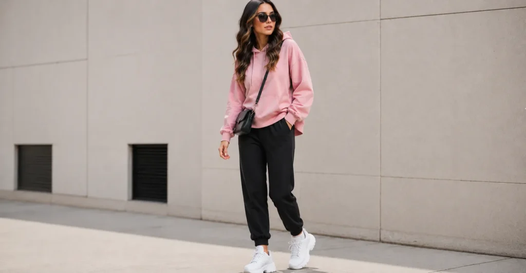 Pink and Black Outfit Ideas: 30+ Bold Looks for Any Occasion 5 Pink and Black Outfit Ideas with a pink hoodie and joggers athleisure look