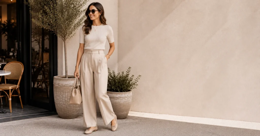 Casual Lunch Outfit Ideas: 30 Effortless Looks for Any Occasion 5 Casual lunch outfit ideas with wide-leg trousers and knit top.