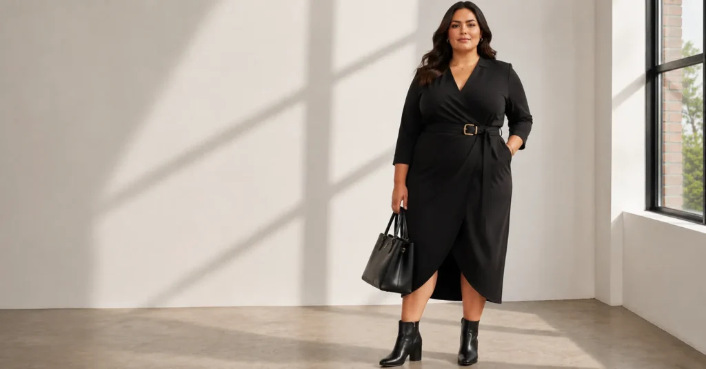 Plus Size Business Casual Outfit Ideas: 25 Effortless Looks for Work 7 Plus Size Business Casual Outfit Ideas with a wrap dress and ankle boots.