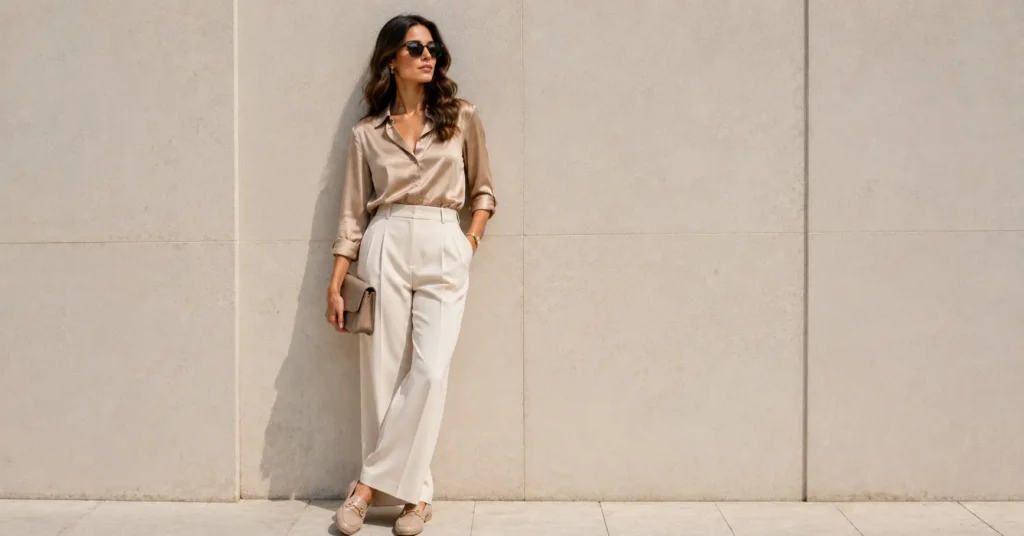 Smart Casual Outfit Ideas featuring tailored trousers and a silk blouse.