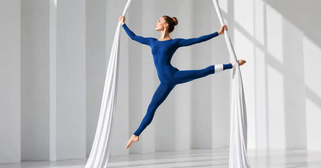 Acrobat outfit for aerial silks with full-coverage safe performance wear.