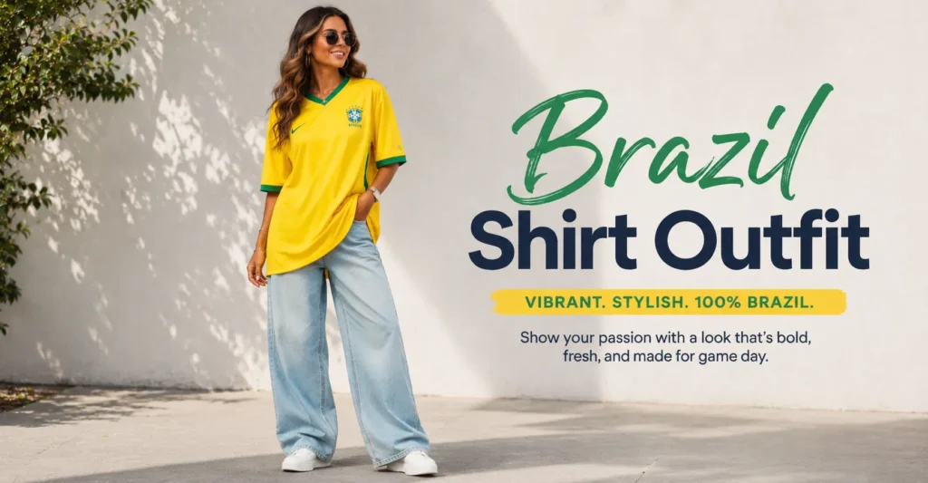 Brazil Shirt Outfit: The Complete Guide to a Bold Game Day Look 8 Brazil shirt outfit styled with wide-leg jeans and sneakers for casual street fashion.