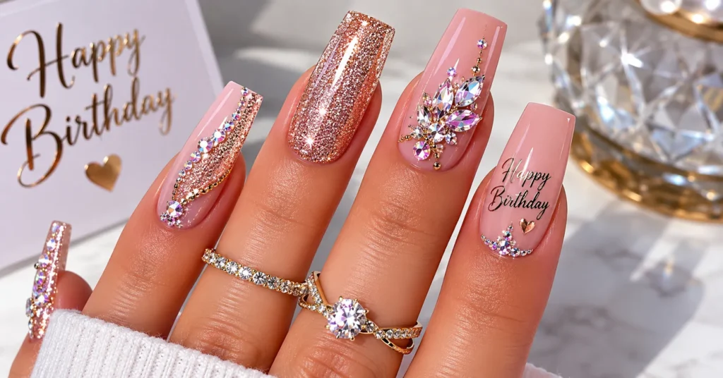 Glamorous birthday nails decorated with rhinestones and sparkling crystal accents.