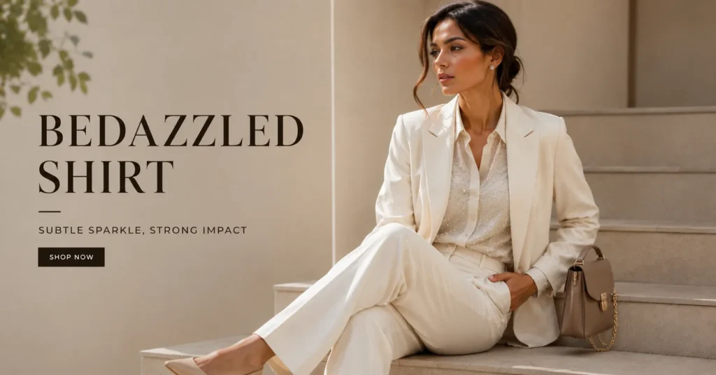Bedazzled Shirt: The Complete Guide to Dazzling Style 5 Bedazzled shirt styled with a blazer and tailored trousers for a professional office outfit.