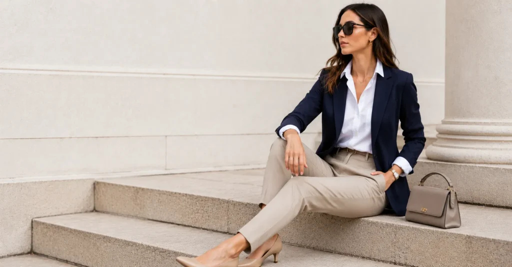 Button Shirt: Complete Guide to Effortless, Versatile Style 4 Button shirt styled under a blazer for a professional office outfit.
