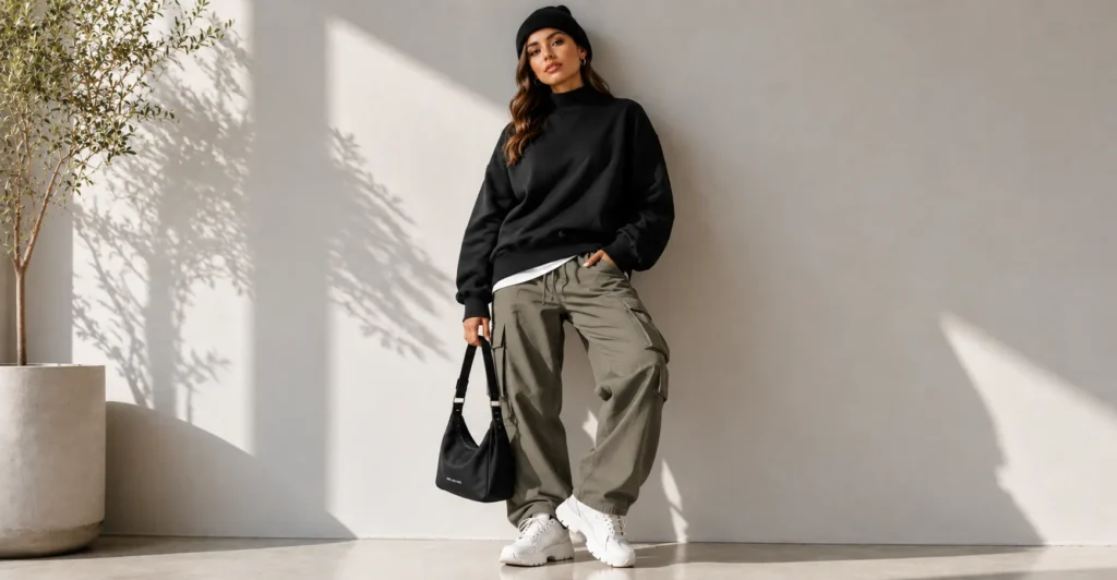 Oversized Mock Neck Sweatshirt with cargo pants in a modern streetwear outfit.