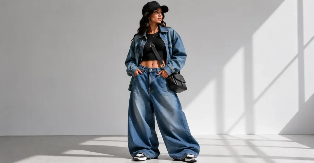 Extra baggy and oversized jeans styles paired with sneakers for modern streetwear fashion.