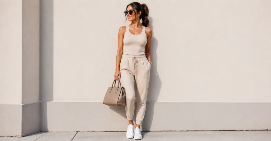 Sporty outfits for women featuring tailored joggers and a fitted tank top for street style fashion.