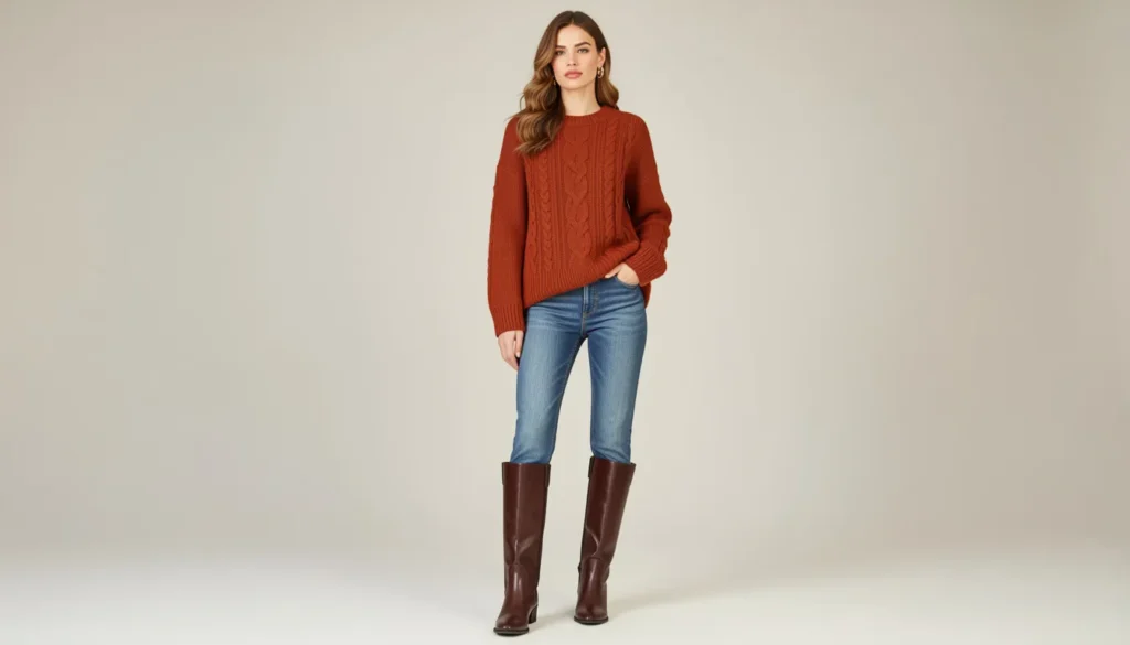 Lorelai Gilmore outfits ideas with a cozy knit sweater and boots perfect for autumn fashion.