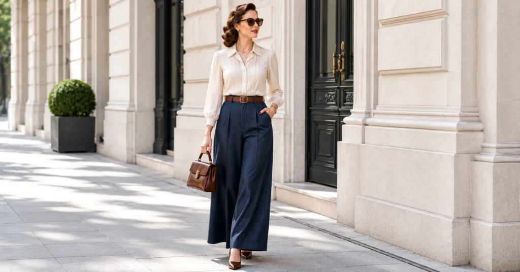 Old fashioned outfits featuring high-waisted trousers and a vintage blouse styled for everyday elegance.
