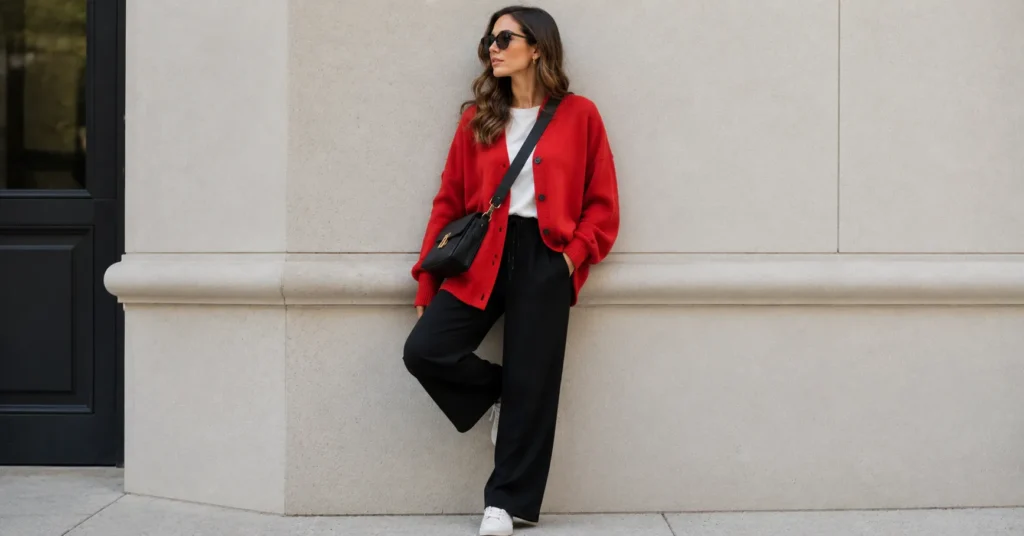 Red cardigan outfits featuring a cozy oversized cardigan styled for casual weekend wear.