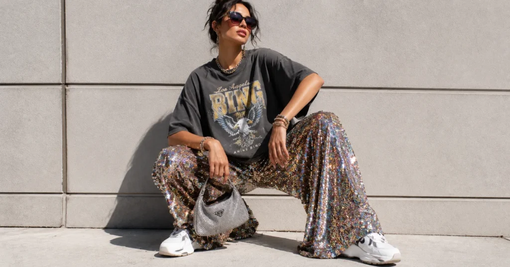 Ridiculous outfits featuring sequined trousers styled with casual streetwear pieces.