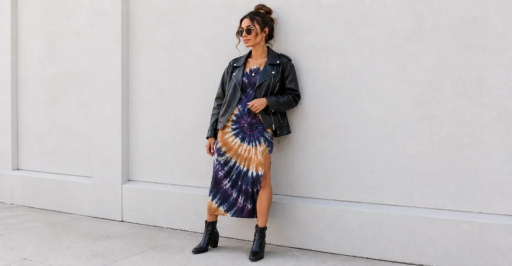 The Complete Guide to Styling Tie Dye Outfits for Every Season 6 Tie dye outfits featuring a colorful crewneck sweater with jeans and sneakers.